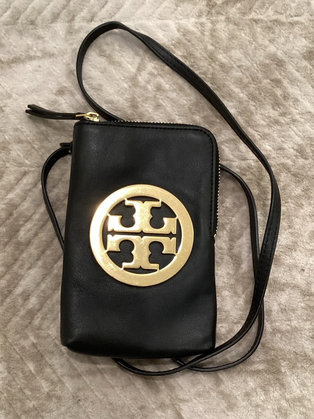 Tory Burch Black Leather Mini Crossbody with Gold Logo Medallion